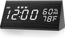 Load image into Gallery viewer, Digital Alarm Clock, with Wooden Electronic LED Time Display, 3 Alarm Settings, Humidity &amp; Temperature Detect, Wood Made Electric Clocks for Bedroom, Bedside (Black)