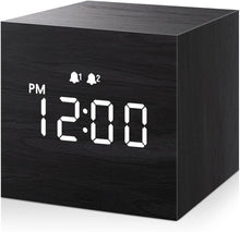 Load image into Gallery viewer, JALL Digital Alarm Clock, with Wooden Electronic LED Time Display, 3 Alarm, 2.5-inch Cubic Small Mini Wood Made Electric Clocks for Bedroom, Bedside, Desk, Black
