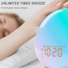 Load image into Gallery viewer, Wake Up Light Sunrise Alarm Clock with 17 Nightlights, Alarm Clocks for Bedbrooms Sound Machine with 5W Bluetooth Speaker, 25 Soothing Sounds, SleepTimer, Dual Alarms, FM Radio, Gift for Kids, Adults