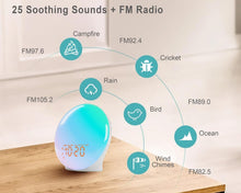 Load image into Gallery viewer, Wake Up Light Sunrise Alarm Clock with 17 Nightlights, Alarm Clocks for Bedbrooms Sound Machine with 5W Bluetooth Speaker, 25 Soothing Sounds, SleepTimer, Dual Alarms, FM Radio, Gift for Kids, Adults