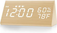 Load image into Gallery viewer, Digital Alarm Clock, with Wooden Electronic LED Time Display, 3 Alarm Settings, Humidity &amp; Temperature Detect, Wood Made Electric Clocks for Bedroom, Bedside (Black)