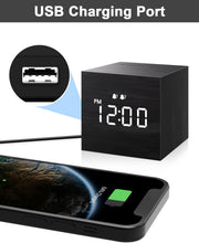 Load image into Gallery viewer, JALL Digital Alarm Clock, with Wooden Electronic LED Time Display, 3 Alarm, 2.5-inch Cubic Small Mini Wood Made Electric Clocks for Bedroom, Bedside, Desk, Black