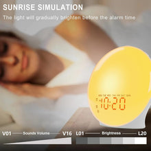 Load image into Gallery viewer, Wake Up Light Sunrise Alarm Clock with 17 Nightlights, Alarm Clocks for Bedbrooms Sound Machine with 5W Bluetooth Speaker, 25 Soothing Sounds, SleepTimer, Dual Alarms, FM Radio, Gift for Kids, Adults