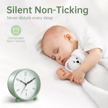 Load image into Gallery viewer, Analog Alarm Clock, 4 inch Super Silent Non Ticking Small Clock with Night Light, Battery Operated, Simple Design, Old Fashioned Style Ideal Decor, for Bedroom, Bedside, Desk, Adult, Kid, Gift, Green