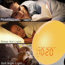 Load image into Gallery viewer, Wake Up Light Sunrise Alarm Clock with 17 Nightlights, Alarm Clocks for Bedbrooms Sound Machine with 5W Bluetooth Speaker, 25 Soothing Sounds, SleepTimer, Dual Alarms, FM Radio, Gift for Kids, Adults