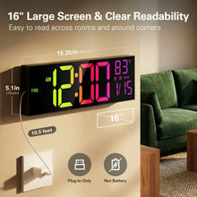 Load image into Gallery viewer, JALL 16.15 inch Large Digital Wall Clock, RGB Lights with Remote Control, Dual Alarms with Big LED Display, Auto DST, C° / F° Temperature for Classroom, Birthday Gift, Senior