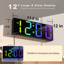 Load image into Gallery viewer, JALL 12'' Large Digital Wall Clock, Big LED Number Dispaly, RGB Colors, DST, Night Light for Classroom, Living Room, Bedroom, Mounted, Birthday Xmas Gift
