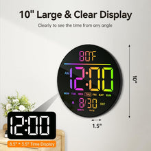 Load image into Gallery viewer, JALL 10" Large Digital Wall Clock with Seconds, Alarm Countdown Timer, Big LED Display, RGB Color, DST, Temperature, Mounted for Bedroom Living Room Office Classroom Gym, Xmas Birthday Gift, RGB