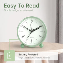 Load image into Gallery viewer, Analog Alarm Clock, 4 inch Super Silent Non Ticking Small Clock with Night Light, Battery Operated, Simple Design, Old Fashioned Style Ideal Decor, for Bedroom, Bedside, Desk, Adult, Kid, Gift, Green