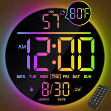 Load image into Gallery viewer, JALL 10" Large Digital Wall Clock with Seconds, Alarm Countdown Timer, Big LED Display, RGB Color, DST, Temperature, Mounted for Bedroom Living Room Office Classroom Gym, Xmas Birthday Gift, RGB