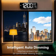 Load image into Gallery viewer, JALL 16.15 inch Large Digital Wall Clock, RGB Lights with Remote Control, Dual Alarms with Big LED Display, Auto DST, C° / F° Temperature for Classroom, Birthday Gift, Senior