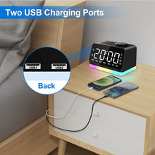 Load image into Gallery viewer, JALL Digital Alarm Clock with FM Radio for Bedroom, 8 Colors Night Light with 2 Charging Port, Sleep Sound Machines with Timer, Dual Alarm, Loud Alarm and Easy to Use for Seniors and Kids as Gift
