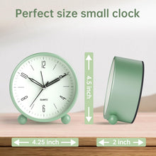 Load image into Gallery viewer, Analog Alarm Clock, 4 inch Super Silent Non Ticking Small Clock with Night Light, Battery Operated, Simple Design, Old Fashioned Style Ideal Decor, for Bedroom, Bedside, Desk, Adult, Kid, Gift, Green