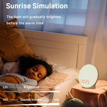 Load image into Gallery viewer, Wake Up Light Sunrise Alarm Clock for Kids, Heavy Sleepers, Bedroom, with Sunrise Simulation, Sleep Aid, Dual Alarms, FM Radio, Snooze, Nightlight, Daylight, 7 Colors, 7 Natural Sounds, Ideal for Gift