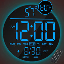 Load image into Gallery viewer, JALL 10" Large Digital Wall Clock with Seconds, Alarm Countdown Timer, Big LED Display, RGB Color, DST, Temperature, Mounted for Bedroom Living Room Office Classroom Gym, Xmas Birthday Gift, RGB