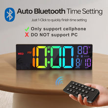 Load image into Gallery viewer, JALL 16.2" Large Digital Wall Clock with Bluetooth Sync, RGB Digital Clock Large Display with Auto DST, Wall Clock for Classroom Bedroom Gym Office, Led Clock for Seniors (Black)