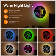 Load image into Gallery viewer, JALL 10" Large Digital Wall Clock with Seconds, Alarm Countdown Timer, Big LED Display, RGB Color, DST, Temperature, Mounted for Bedroom Living Room Office Classroom Gym, Xmas Birthday Gift, RGB