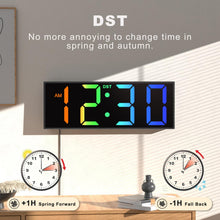 Load image into Gallery viewer, JALL 12'' Large Digital Wall Clock, Big LED Number Dispaly, RGB Colors, DST, Night Light for Classroom, Living Room, Bedroom, Mounted, Birthday Xmas Gift