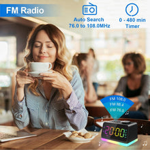 Load image into Gallery viewer, JALL Digital Alarm Clock with FM Radio for Bedroom, 8 Colors Night Light with 2 Charging Port, Sleep Sound Machines with Timer, Dual Alarm, Loud Alarm and Easy to Use for Seniors and Kids as Gift