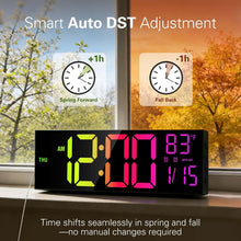 Load image into Gallery viewer, JALL 16.15 inch Large Digital Wall Clock, RGB Lights with Remote Control, Dual Alarms with Big LED Display, Auto DST, C° / F° Temperature for Classroom, Birthday Gift, Senior