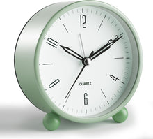 Load image into Gallery viewer, Analog Alarm Clock, 4 inch Super Silent Non Ticking Small Clock with Night Light, Battery Operated, Simple Design, Old Fashioned Style Ideal Decor, for Bedroom, Bedside, Desk, Adult, Kid, Gift, Green