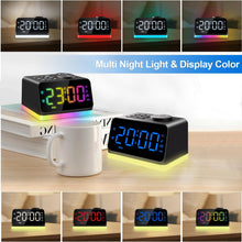 Load image into Gallery viewer, JALL Digital Alarm Clock with FM Radio for Bedroom, 8 Colors Night Light with 2 Charging Port, Sleep Sound Machines with Timer, Dual Alarm, Loud Alarm and Easy to Use for Seniors and Kids as Gift