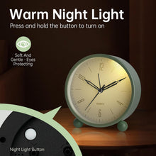Load image into Gallery viewer, Analog Alarm Clock, 4 inch Super Silent Non Ticking Small Clock with Night Light, Battery Operated, Simple Design, Old Fashioned Style Ideal Decor, for Bedroom, Bedside, Desk, Adult, Kid, Gift, Green
